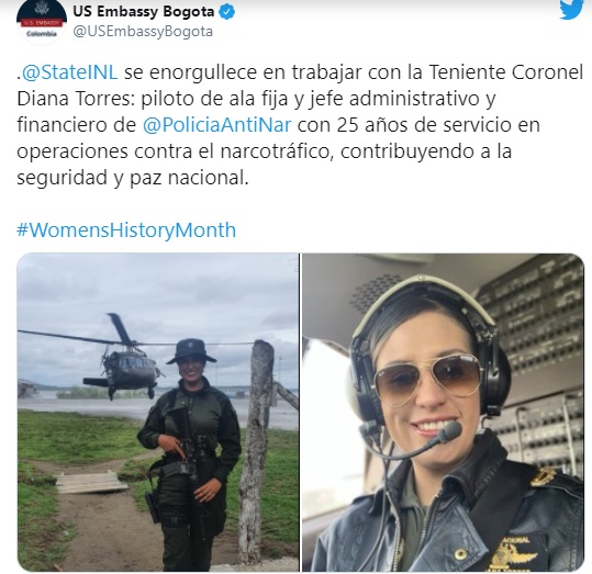 Estados Unidos exalta labor de piloto colombiana